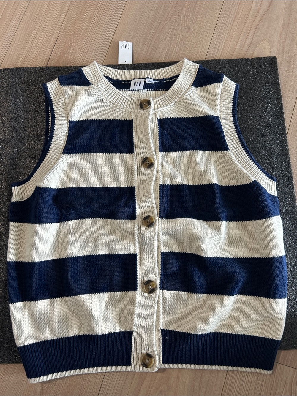 GAP Navy and Cream Striped Button Front Knit Vest